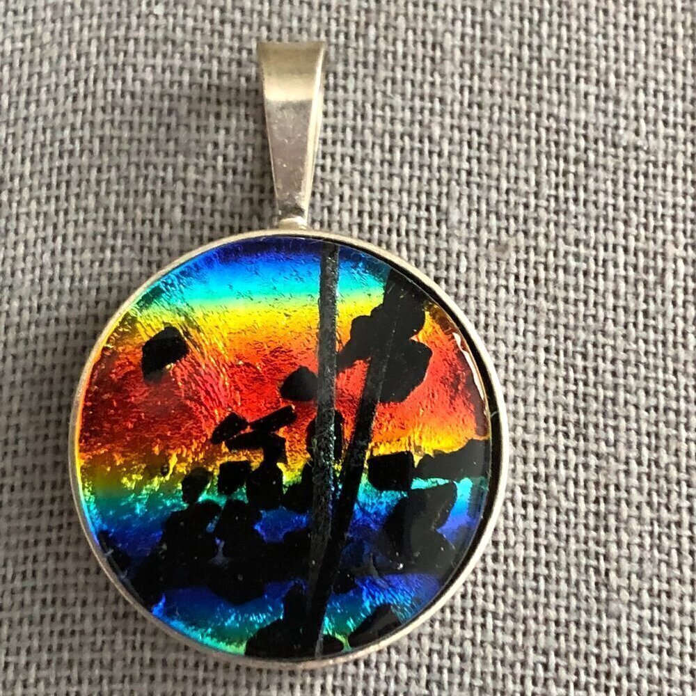 Vtg Kabana KBN 925 Inlaid Glass Sunset Colors Sterling Silver Pendant - NEW